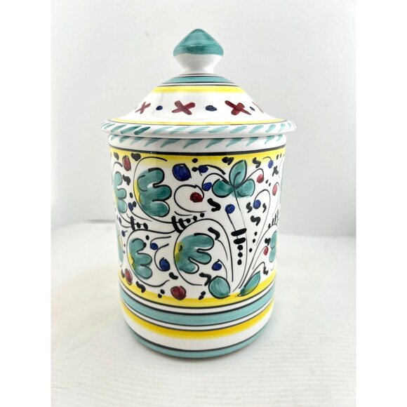 Deruta Pottery Canister Rooster Floral Pattern ITALY Coffee Sugar 7" Tall Multi - Picture 3 of 12
